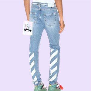Off-White: Diagonal Stripe Logo Shoelace Belt Slim Jeans (Bleach White)